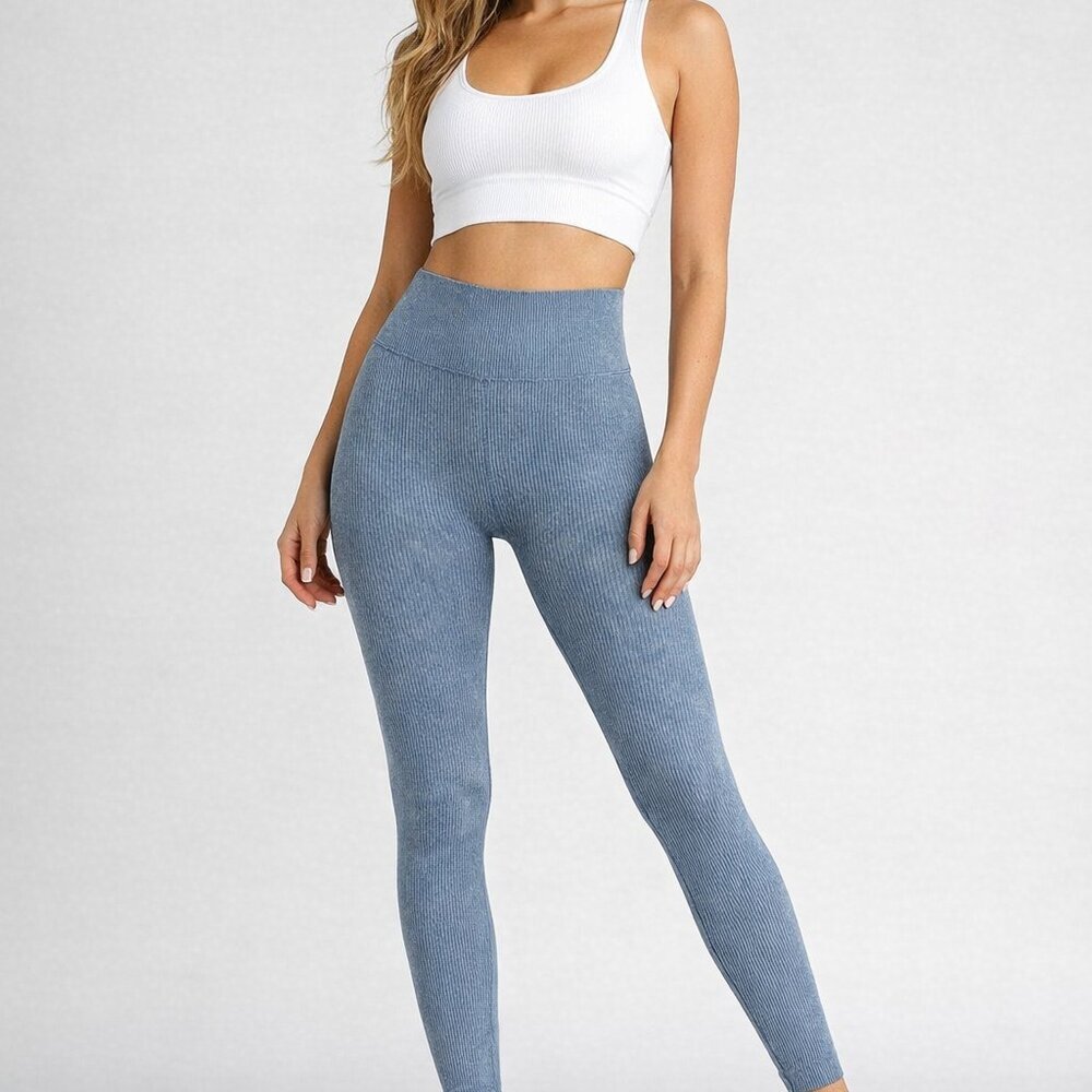 HPE Activewear Ribbed Leggings Womens Size S Blue Mineral Wash APH2801